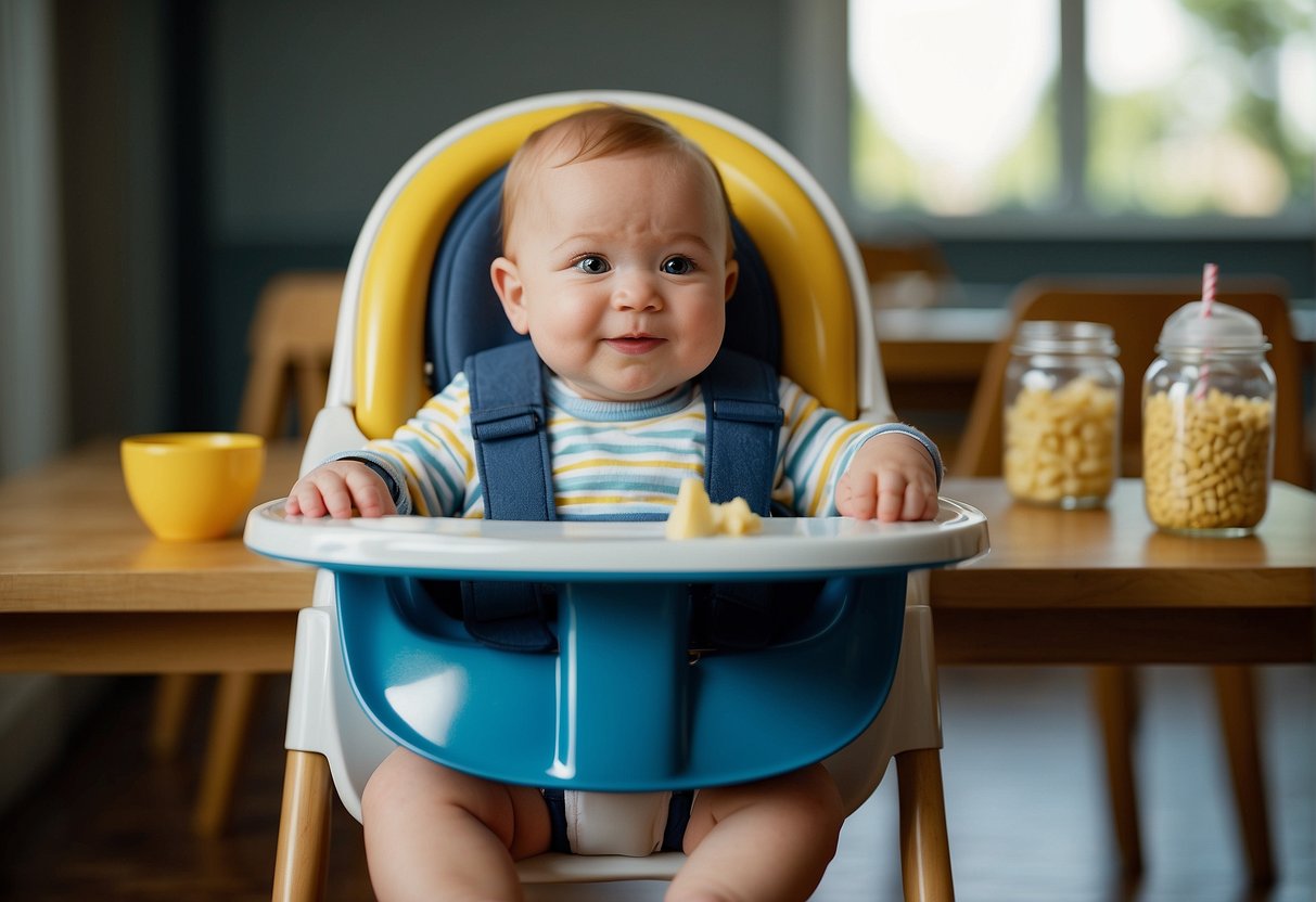 A baby bib hangs from a high chair, surrounded by scattered food and a sippy cup