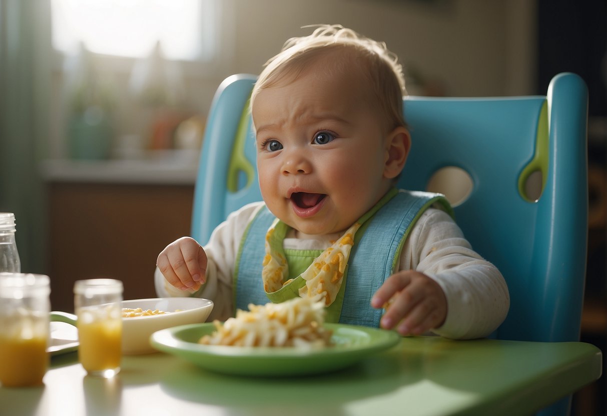 A baby sits in a high chair, food smeared on their face and clothes. A bib hangs around their neck, catching any spills as they eagerly eat