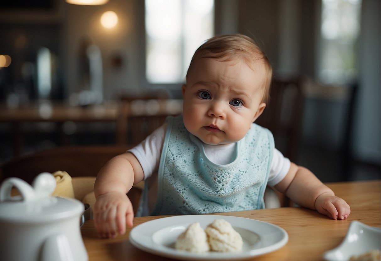 A baby reaches for a bib among various options, displaying curiosity and contemplation