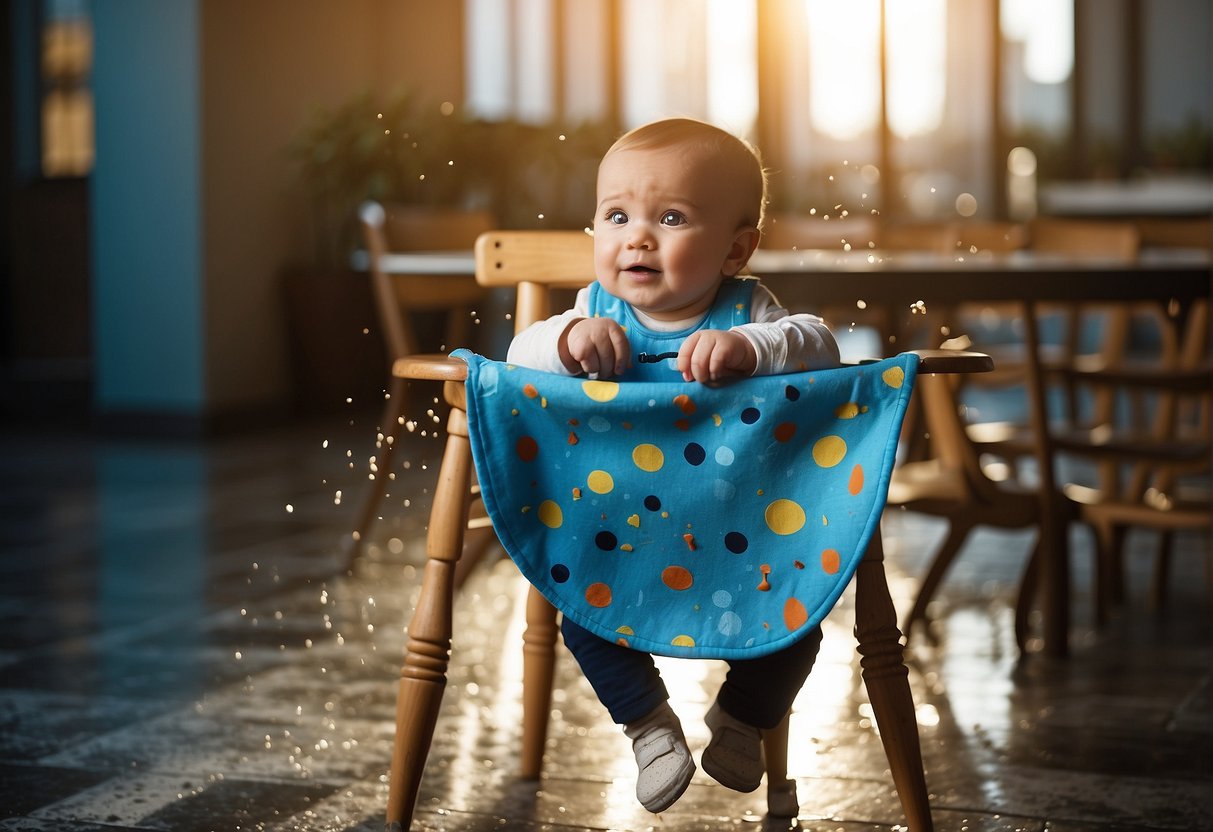 A baby bib hangs from a chair, food splattered on the floor. A messy high chair with a bib draped over it