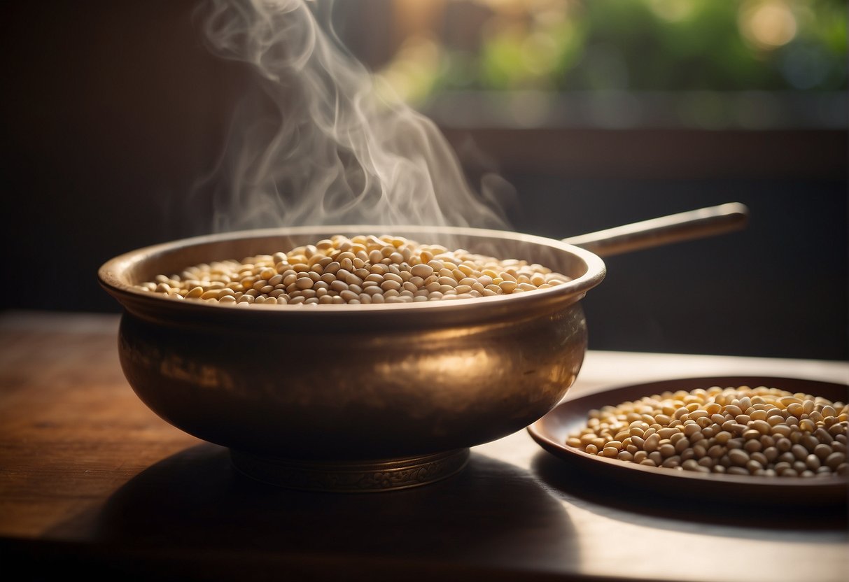 Barley grains, water, and a traditional Chinese pot simmer over a flame, symbolizing the historical and cultural significance of the barley water recipe