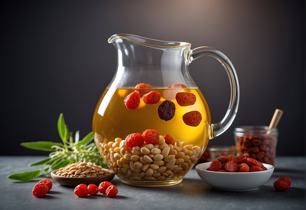 A glass pitcher filled with barley water surrounded by Chinese ingredients like goji berries, dried red dates, and rock sugar