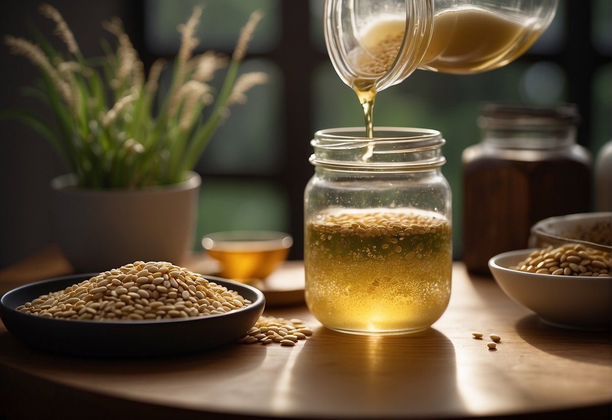 A hand pours barley water into a glass jar for storage. Ingredients and serving instructions are written in Chinese on a recipe card nearby