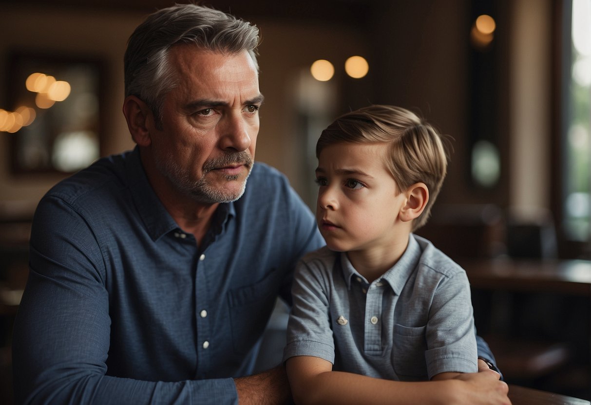 A father sternly instructs his son, while the son looks down, shoulders tense. The father's expression is serious, highlighting the weight of cultural expectations