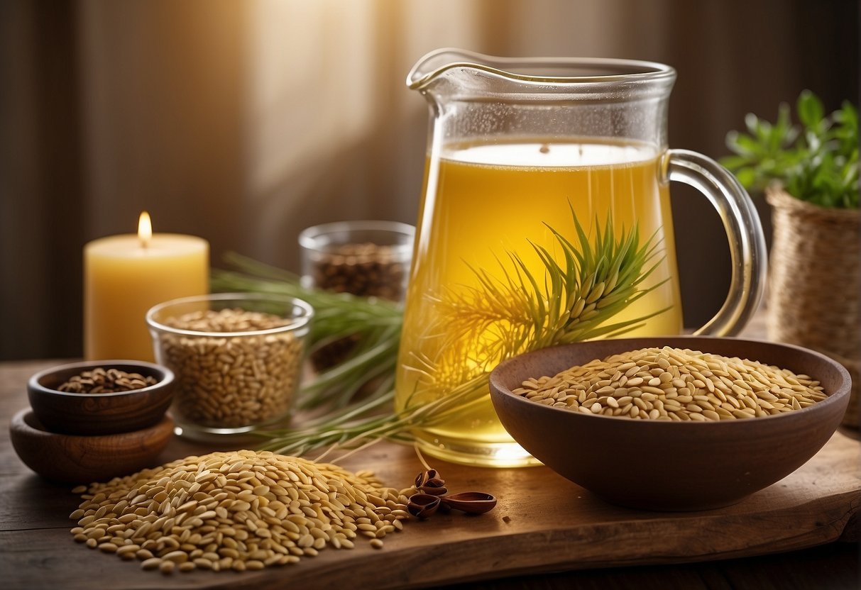 A clear glass pitcher filled with golden barley water, surrounded by Chinese herbs and ingredients, with a stack of recipe cards nearby