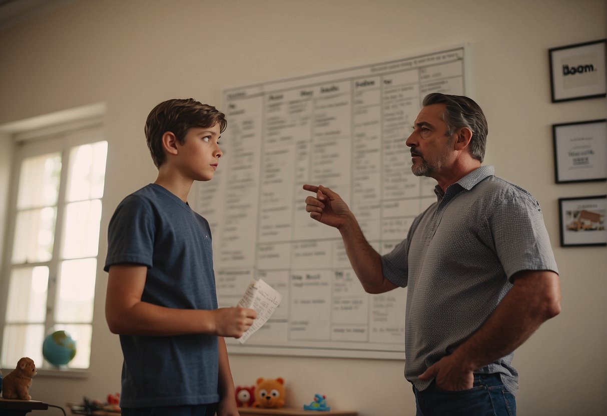A father stands with a stern expression, towering over his son who looks dejected. The son is holding a broken toy while the father points to a list of rules on the wall