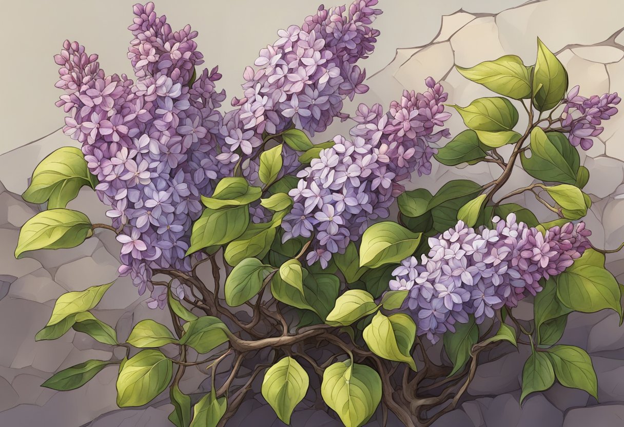 A wilting lilac bush in a dry, cracked soil, with drooping leaves and faded blossoms