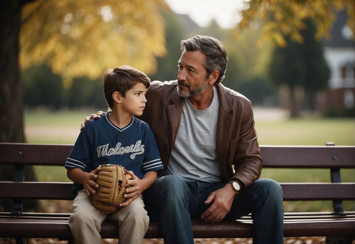 A father and son sitting on a park bench, the father's stern expression contrasting with the son's downcast eyes. The son holds a baseball glove, while the father gestures towards the field