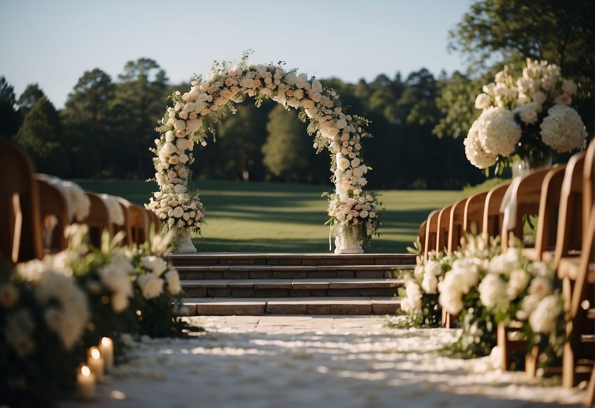 Traditional wedding elements displayed: floral arrangements, ceremonial arch, seating arrangements, and decorative aisle runner