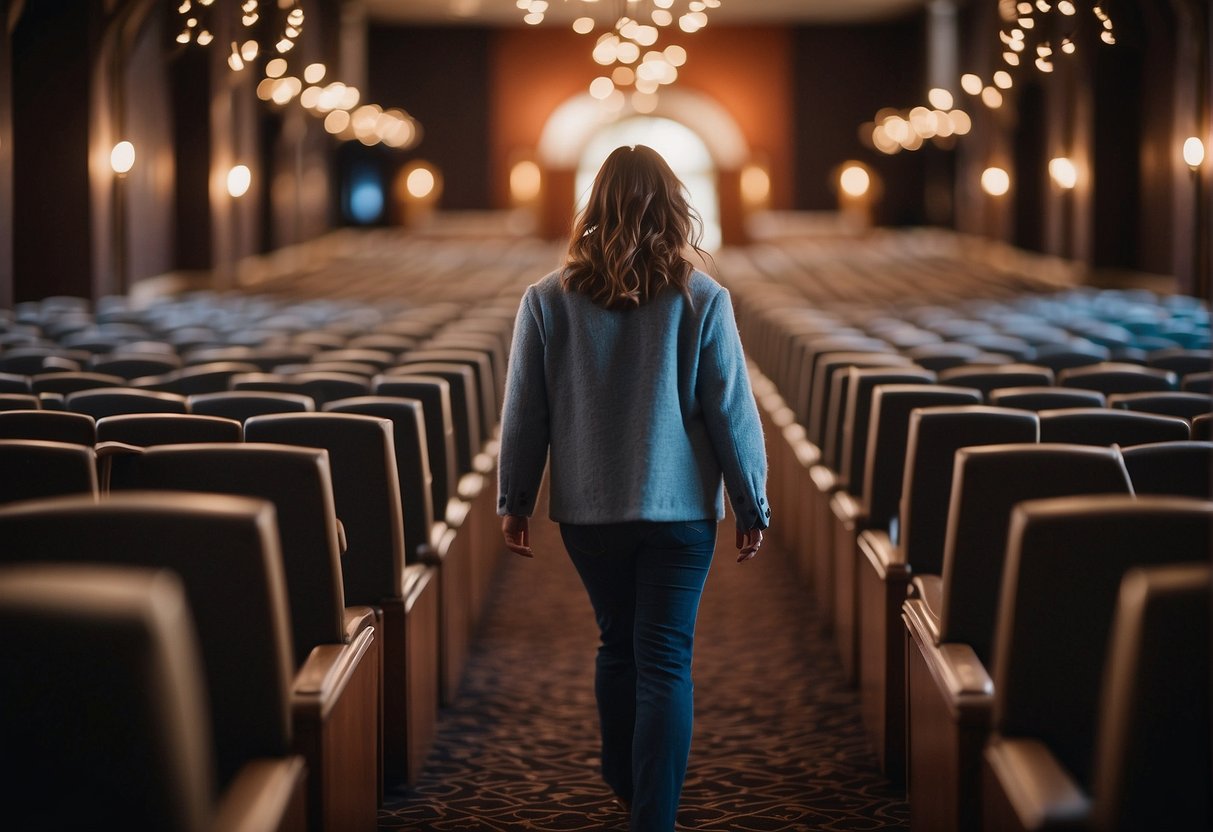 A figure strolls confidently down the aisle, surrounded by empty seats and soft lighting, creating a sense of peaceful solitude