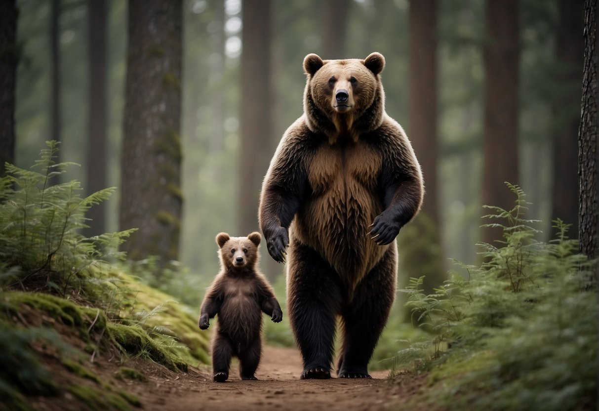 A father bear stands tall, encircling his daughter bear with a watchful gaze, as they walk through the forest