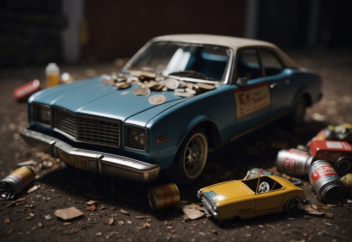 A broken toy car lies abandoned in a dimly lit corner, surrounded by empty beer cans and discarded cigarette butts