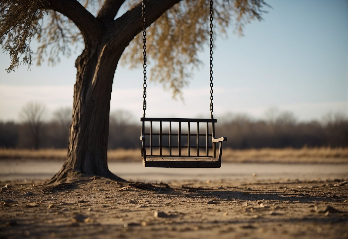A barren landscape with a wilted tree, symbolizing neglect and abandonment. A broken swing set and scattered toys convey the absence of a father figure