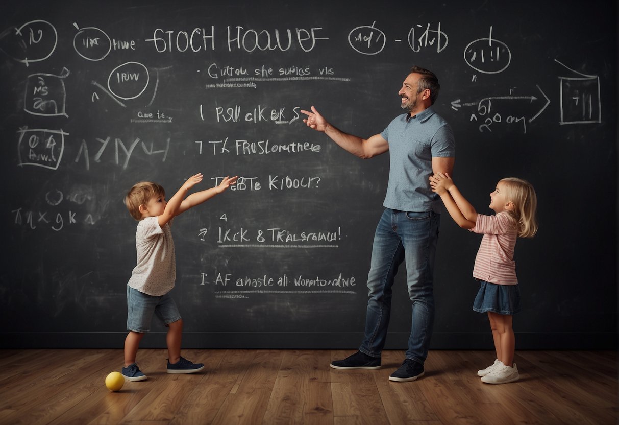 A father playing with children while juggling household tasks. Pros and cons written on a chalkboard in the background