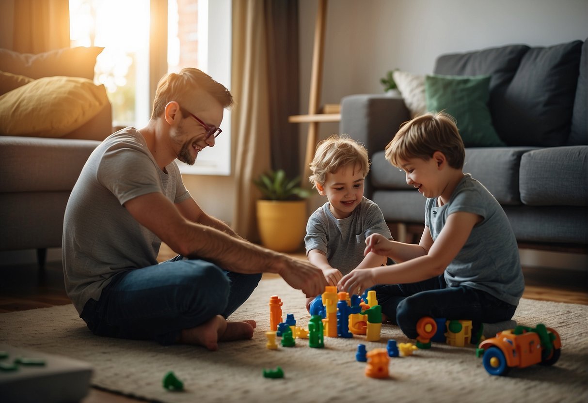 A father playing with his children while managing household tasks, showcasing the benefits and challenges of being a stay-at-home dad
