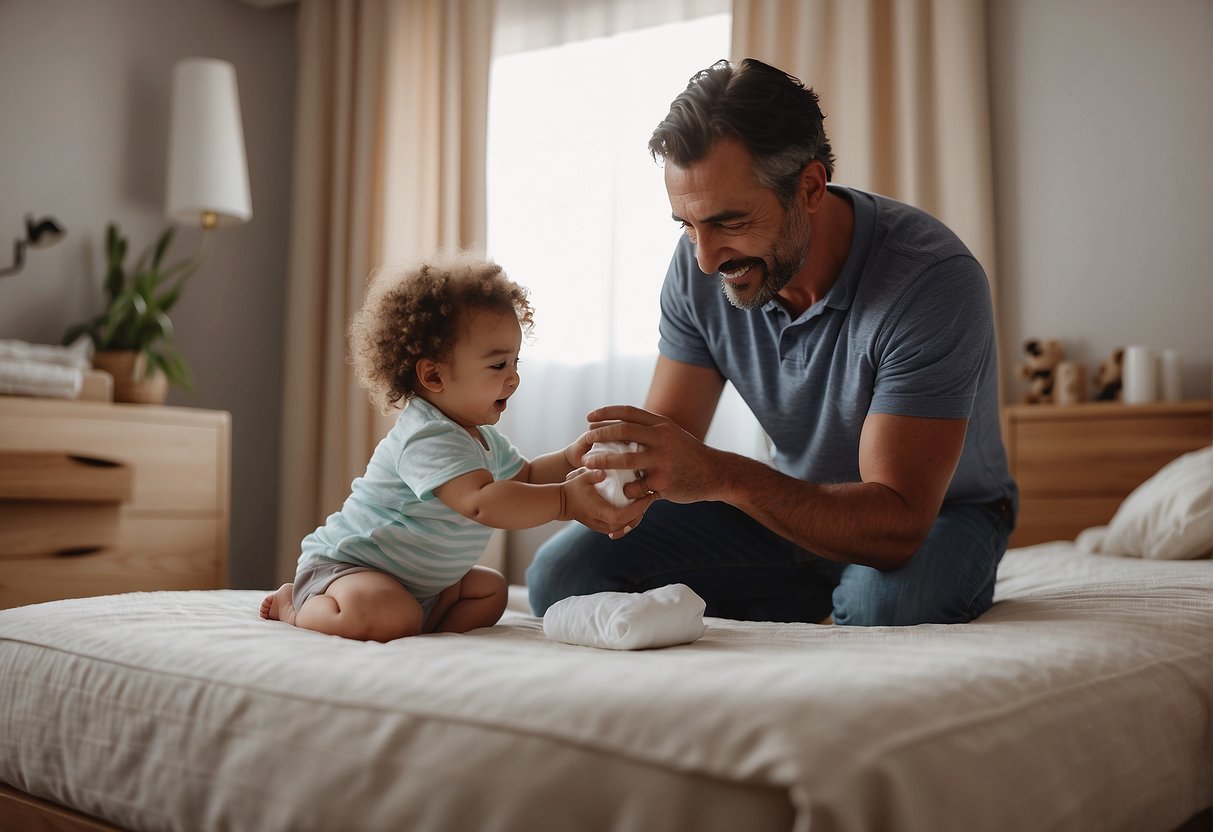 A father confidently changing a diaper, while engaging with his child, illustrating the important role of fathers in childcare
