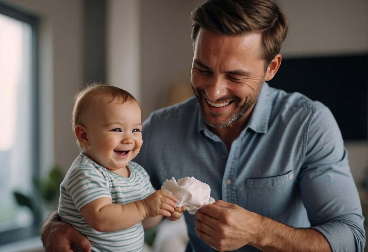 A father confidently changes a diaper, smiling as he bonds with his baby. The baby giggles and coos, enjoying the interaction with their dad