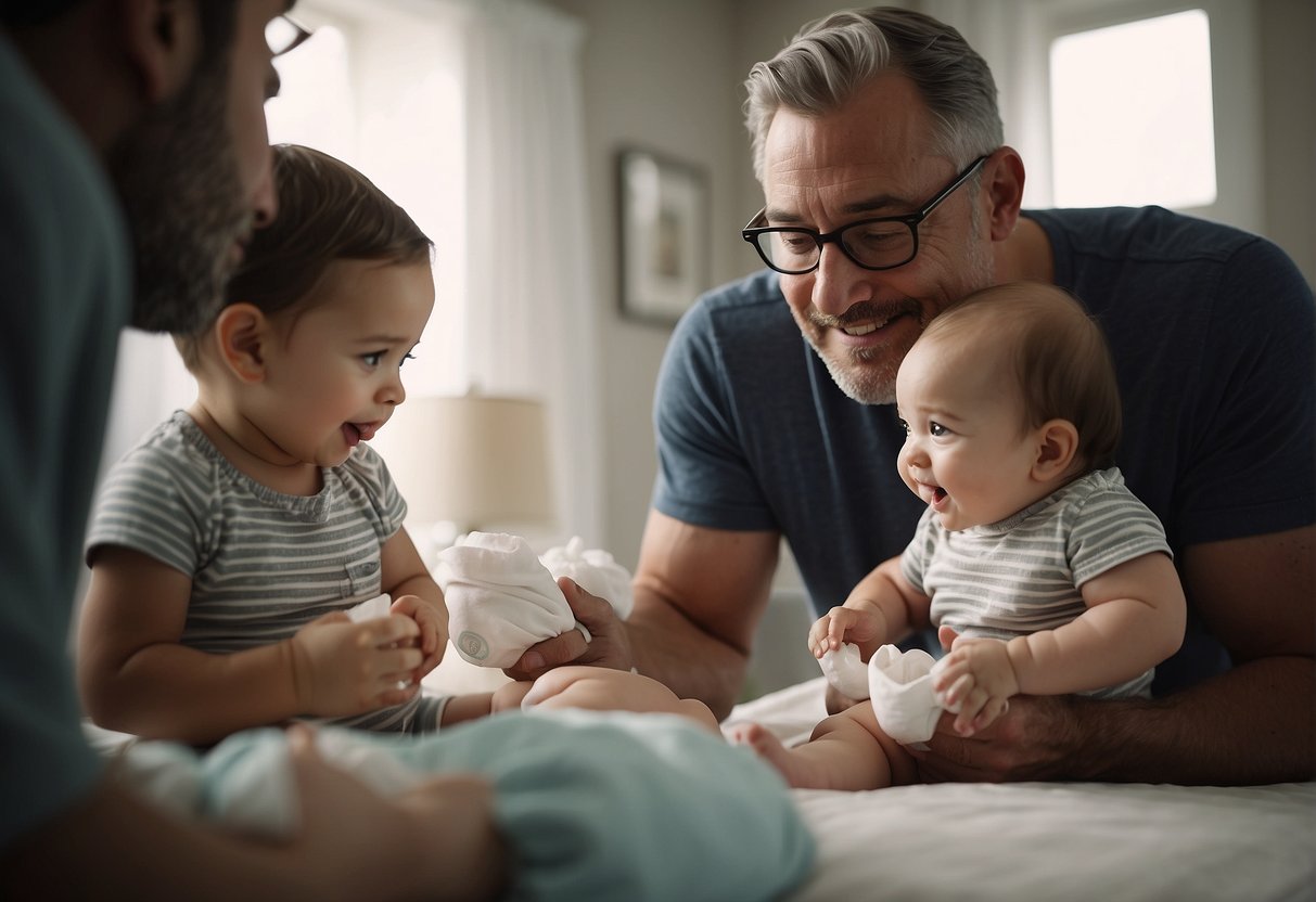 A dad confidently changing a diaper while others watch with surprise and curiosity