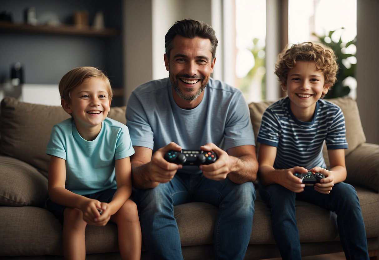 A father sits on the couch, holding a video game controller and smiling as he competes with his children in a friendly game