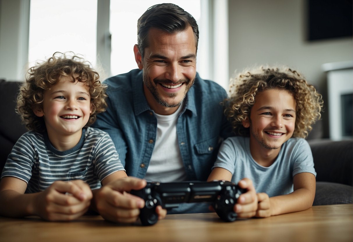 A father enjoying video games, smiling and relaxed, while spending quality time with his kids