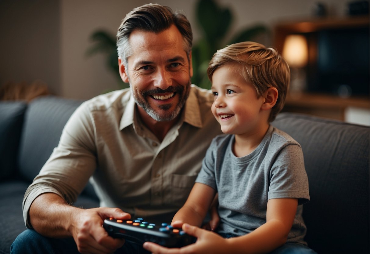 A father and child sit on a couch, playing video games together. The child is teaching the father how to play, and both are engaged and having fun