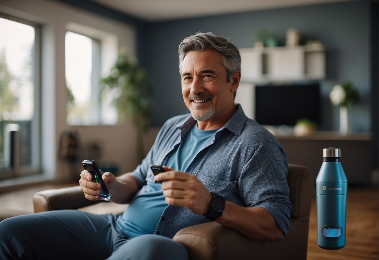 A father sitting in a comfortable chair, holding a video game controller, with a healthy snack and water bottle nearby. A fitness tracker on his wrist and a yoga mat in the background