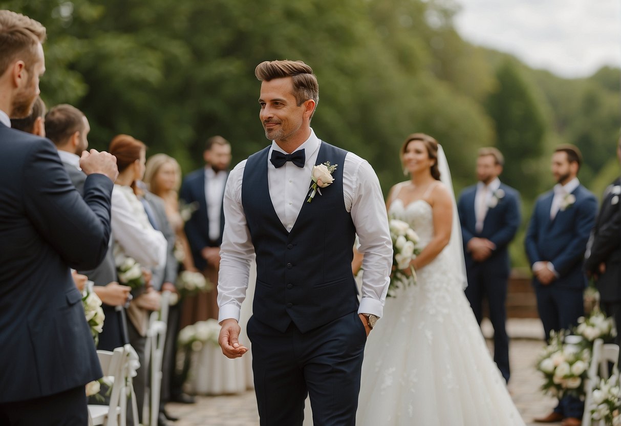 The best man stands beside the groom, offering support and assistance throughout the wedding. He may hold the rings and give a speech