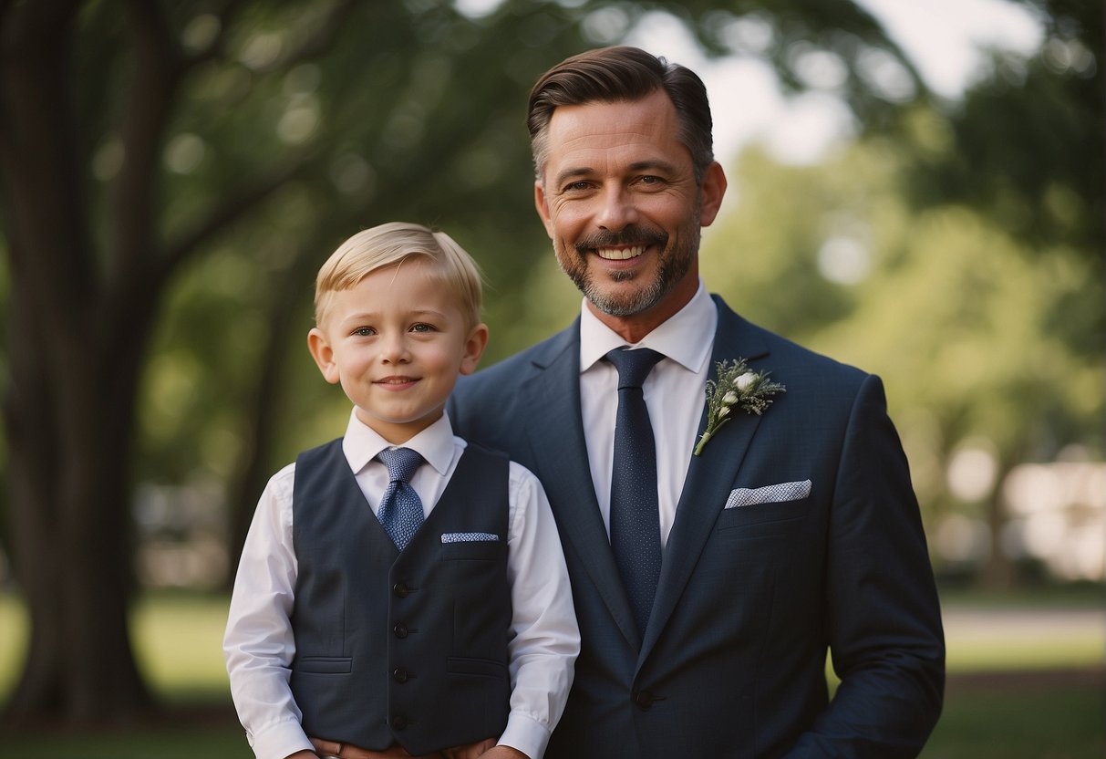 A father stands proudly next to his son, offering support and guidance as the best man at his wedding