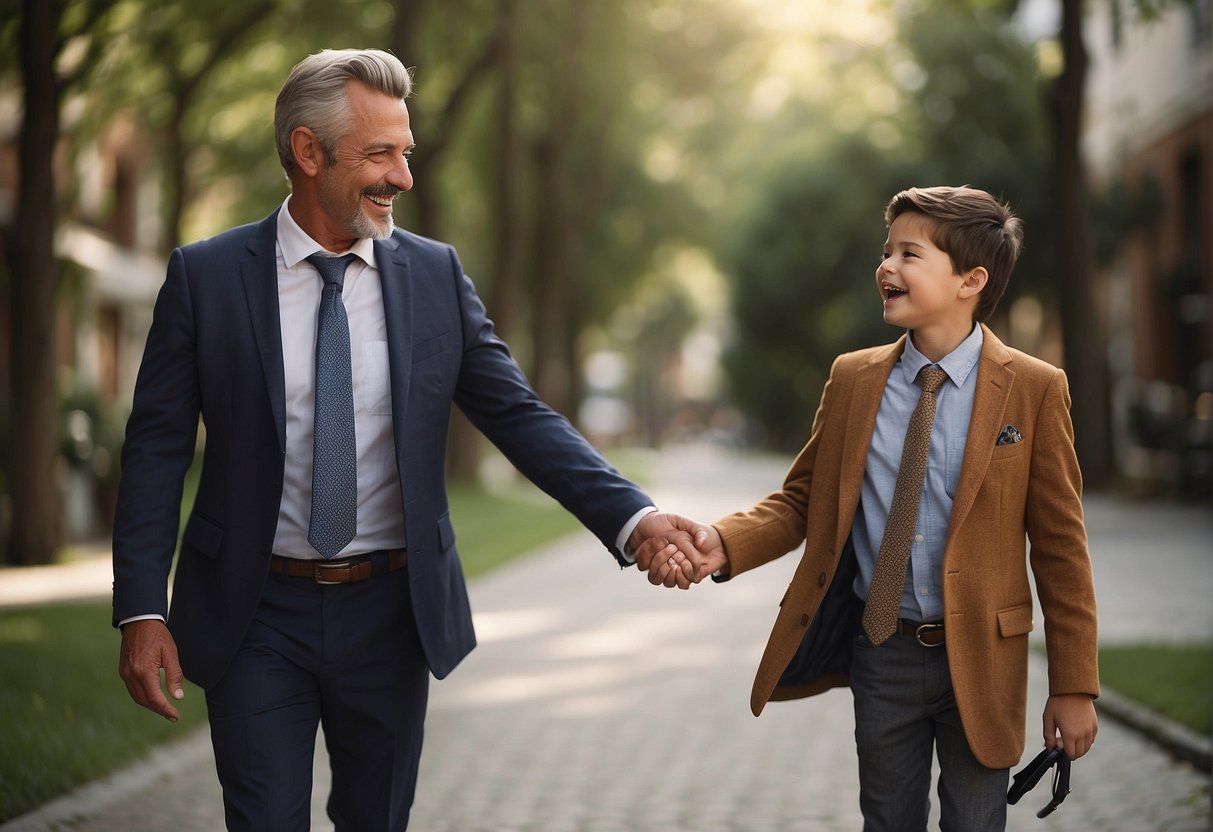 A father and son standing side by side, smiling and laughing together. The father is handing the son a suit jacket, symbolizing the passing down of wisdom and guidance