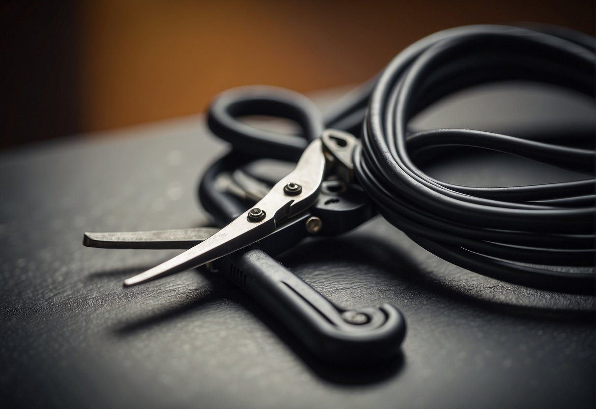 A pair of scissors hovers over a thick, coiled electrical cord, ready to make the decisive cut. The cord is plugged into a wall socket, creating a sense of tension and anticipation