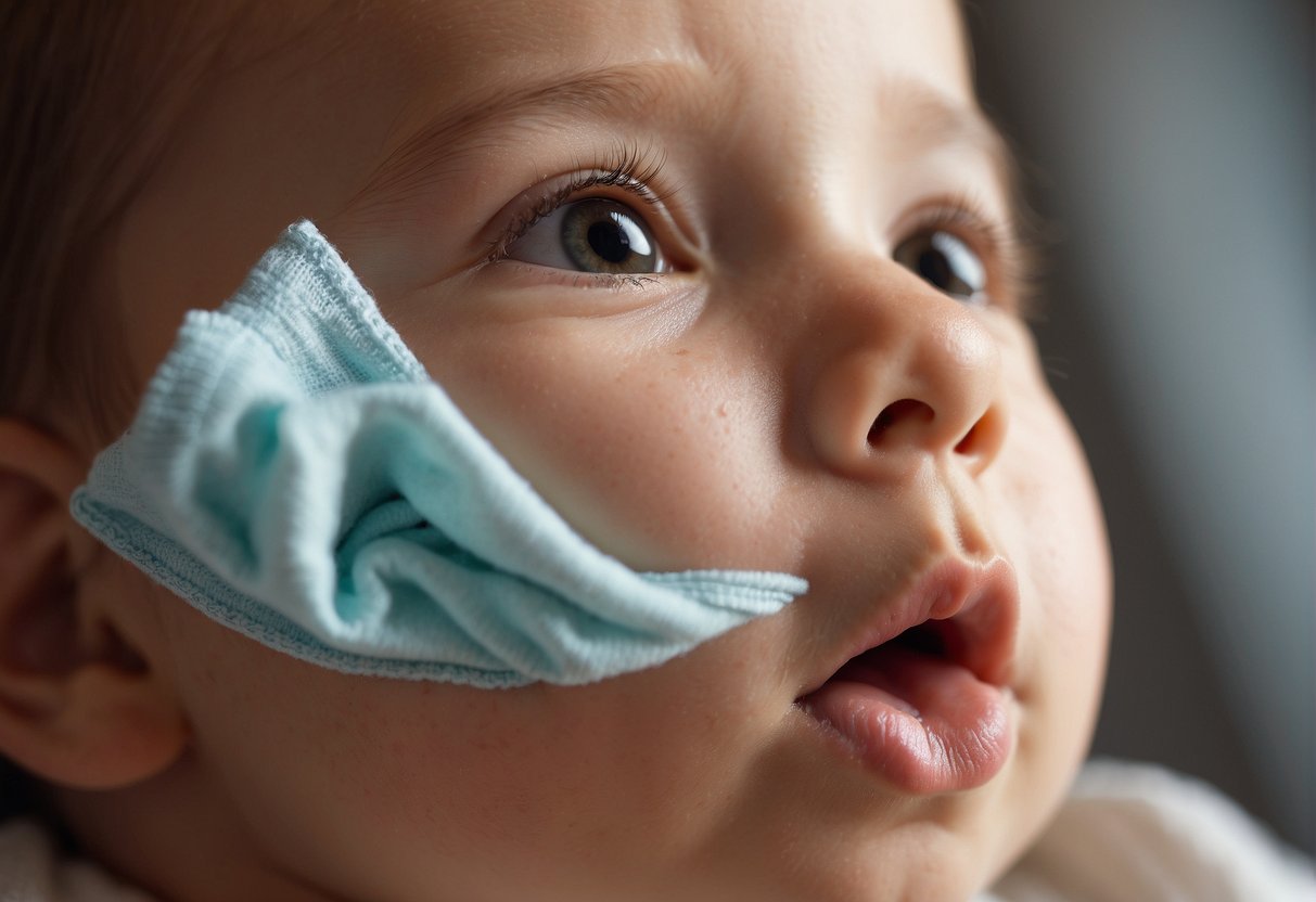 A baby's nose and face being wiped with a cloth