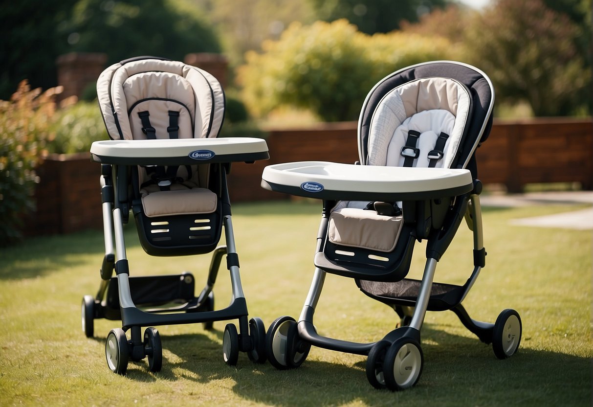 Two highchairs side by side, Graco Blossom and Duodiner, with adjustable trays and comfortable padding