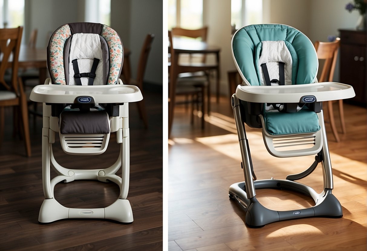 A comparison of Graco Blossom and Duodiner high chairs, showing their features and design differences