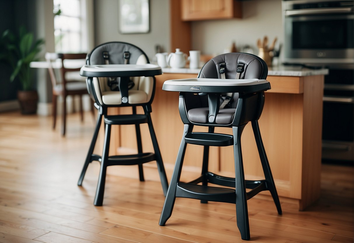 Two highchairs side by side, one Graco Blossom and one Duodiner, showcasing their sleek design and modern aesthetics