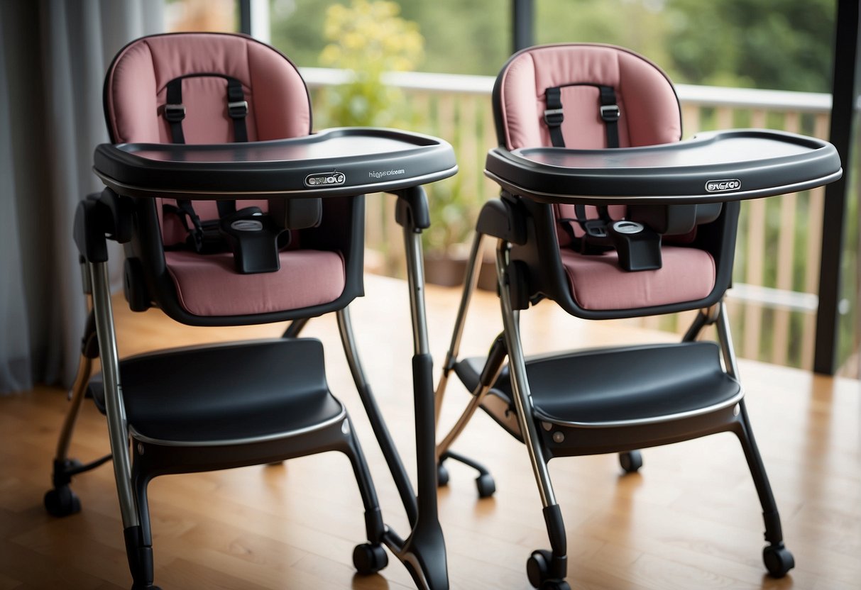 Two highchairs side by side, one labeled "Graco Blossom" and the other "Duodiner." Each chair has multiple adjustable features