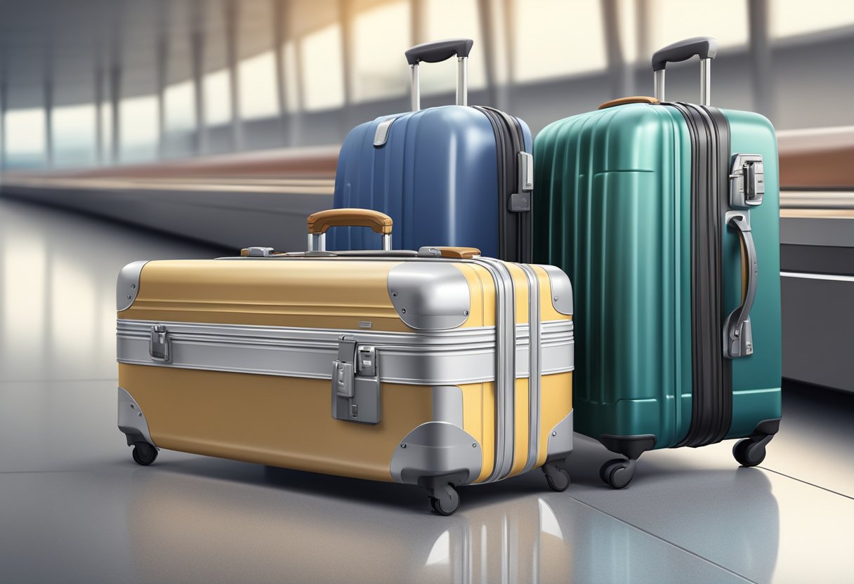 Two suitcases, one hardshell and one aluminum, sit side by side on the airport luggage carousel