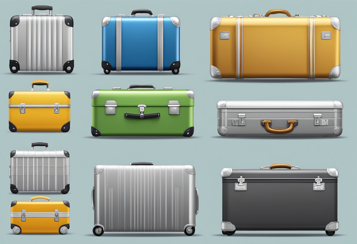 A hardshell suitcase and an aluminum suitcase are placed side by side, showcasing their different types of construction and material