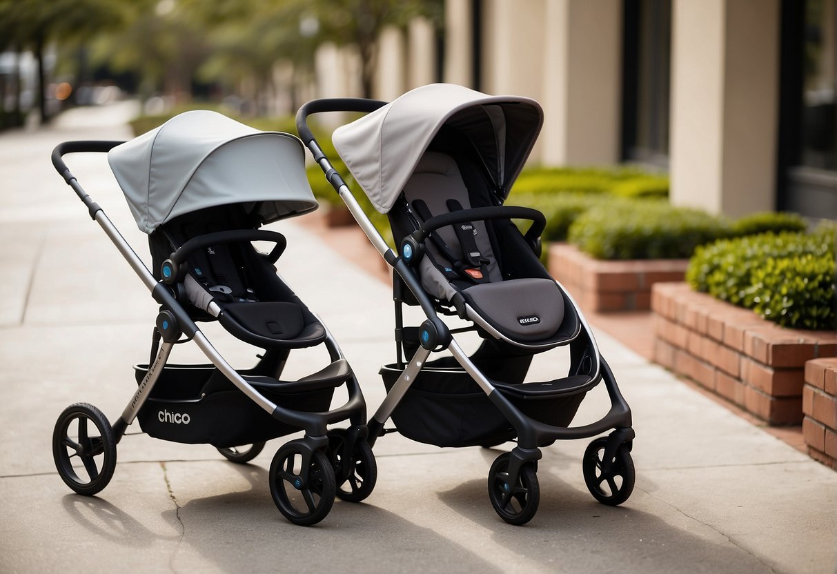 The Uppababy Cruz and Chicco Bravo are side by side, while the Uppababy Cruz stands out in the foreground. The sleek design of both strollers is highlighted, with the Uppababy Cruz being the focal point