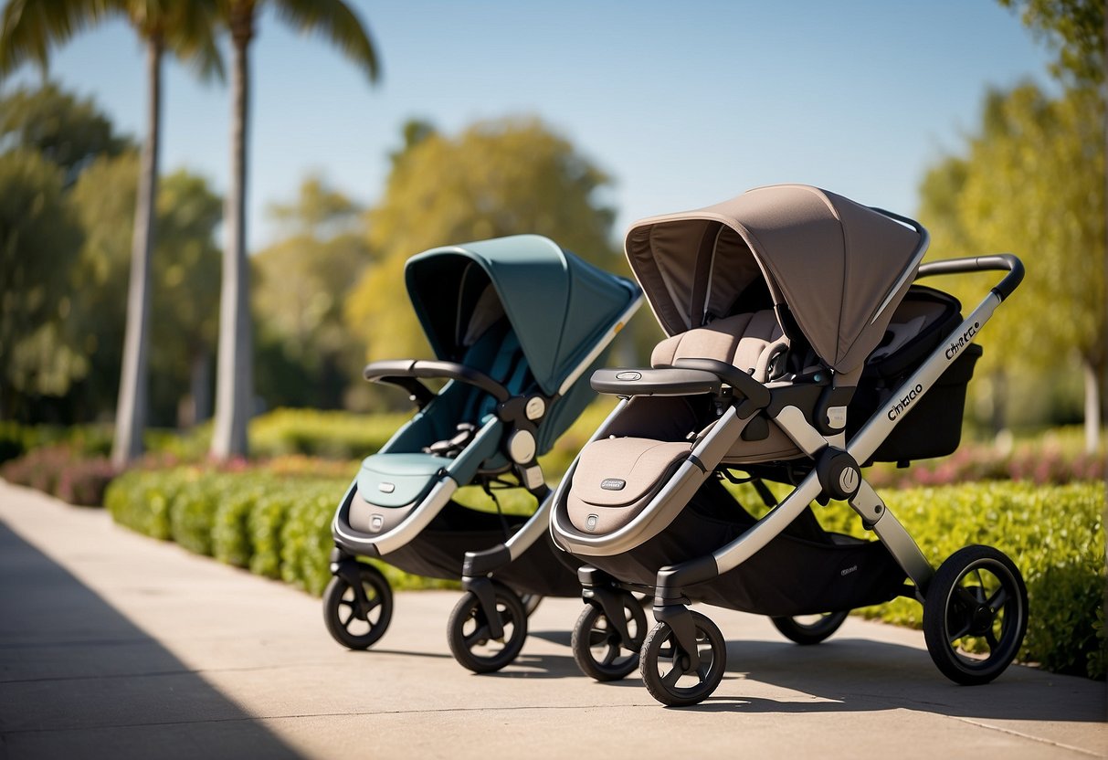 The Chicco Bravo and Uppababy Cruz strollers are lined up side by side, with their features clearly visible for comparison