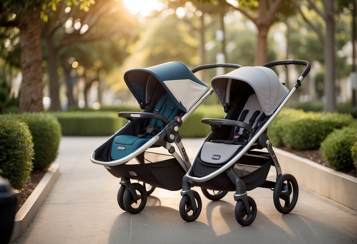 The Chicco Bravo and Uppababy Cruz strollers sit side by side, showcasing their sleek and modern designs. The easy-to-use features of each stroller are highlighted, with adjustable handles and smooth maneuverability