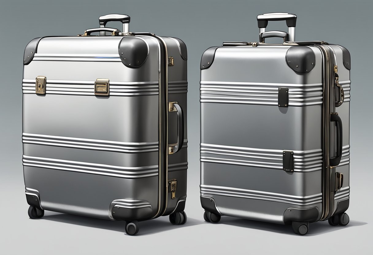 A hardshell suitcase and an aluminum case sit side by side, showing signs of wear and tear. The hardshell is scuffed and scratched, while the aluminum case remains sleek and unblemished