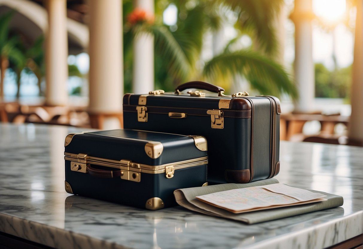 A luxurious travel scene with a suitcase, passport, boarding pass, and a map on a marble table with a tropical destination in the background