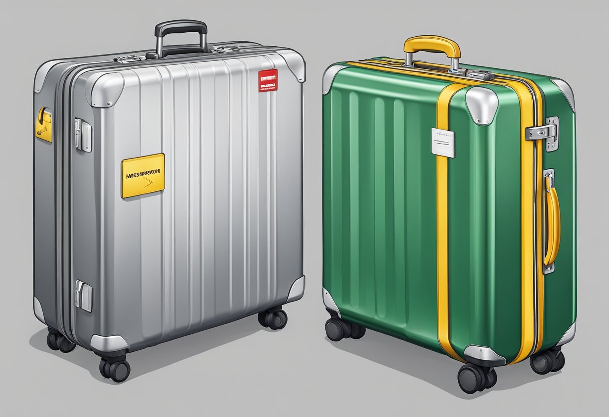 Two suitcases displayed side by side, one made of hard shell material and the other made of aluminum, with labels indicating "Kaufberatung Hartschalen vs. Aluminiumkoffer"