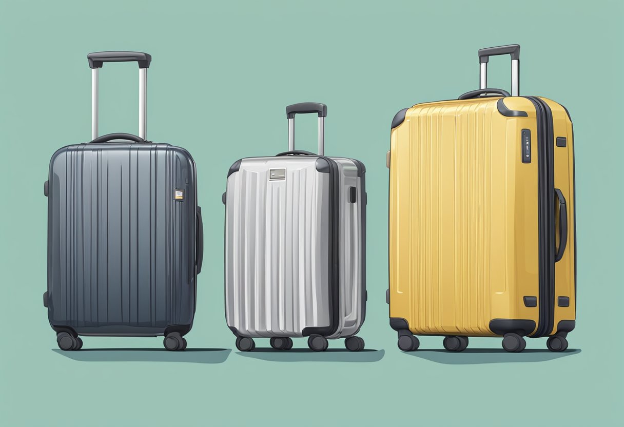 Two suitcases, one hardshell and one aluminum, sit side by side with a question mark hovering above them