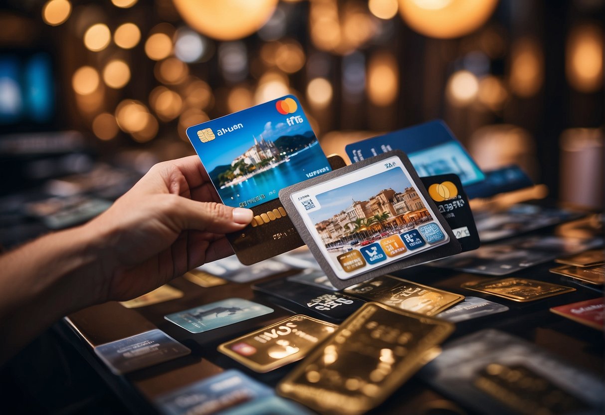 A person swiping a credit card while surrounded by images of luxury travel destinations and rewards points