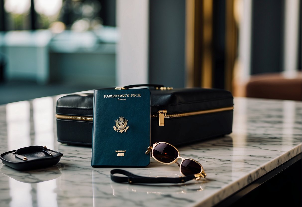 A luxurious travel scene with elegant luggage, a passport, and a boarding pass on a marble countertop, surrounded by a sleek smartphone and a pair of designer sunglasses