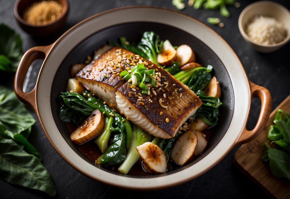 A sizzling wok cooks barramundi with ginger, garlic, and soy sauce. Bok choy and shiitake mushrooms surround the fish, creating a vibrant Chinese dish
