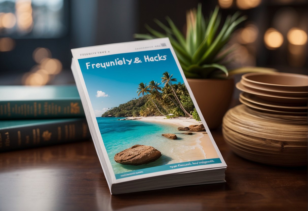 A stack of travel brochures with the title "Frequently Asked Questions lux travel hacks review" prominently displayed on the cover