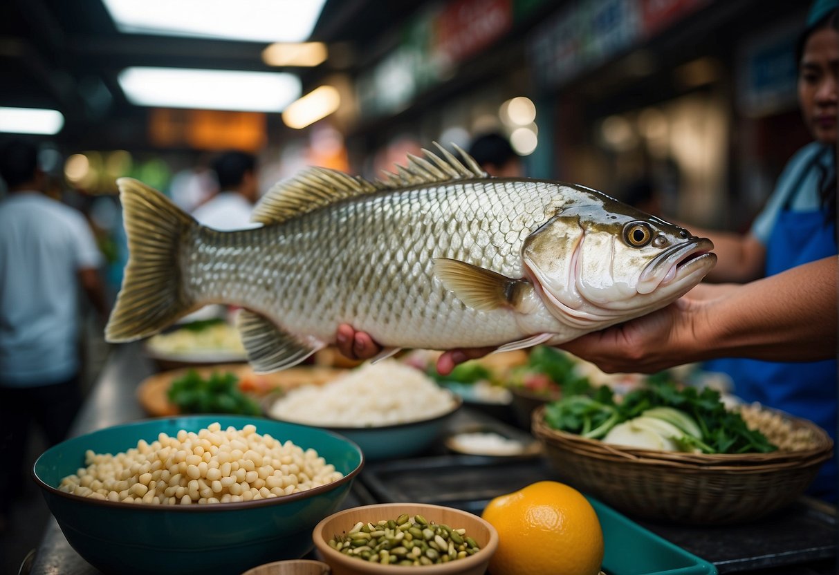 A hand reaches for a fresh barramundi fish at a bustling Chinese market. A chef stands nearby, carefully selecting ingredients for a traditional recipe