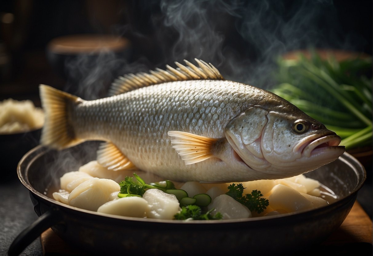 A barramundi fish is being steamed in a bamboo steamer over a wok filled with boiling water. The fish is surrounded by ginger, garlic, and green onions, emitting a fragrant aroma